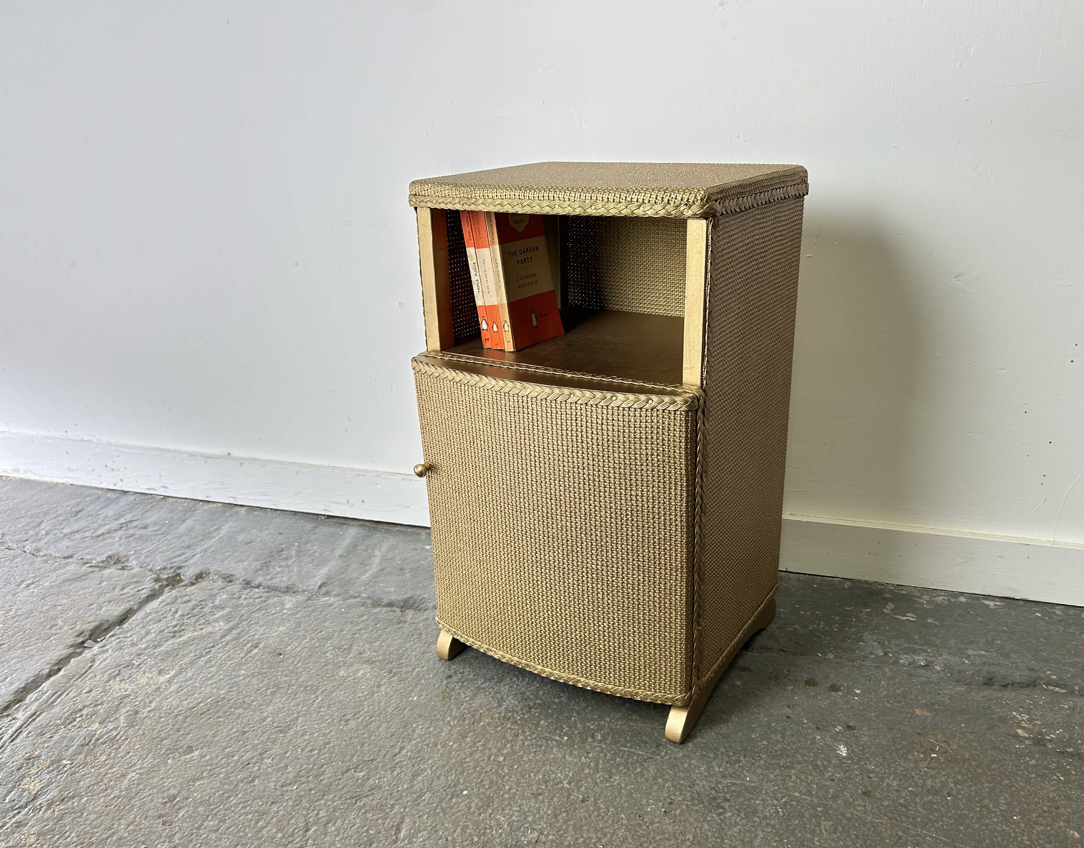 Vintage Lloyd Loom bedside cabinet champagne gold woven fibre 1930s-50s