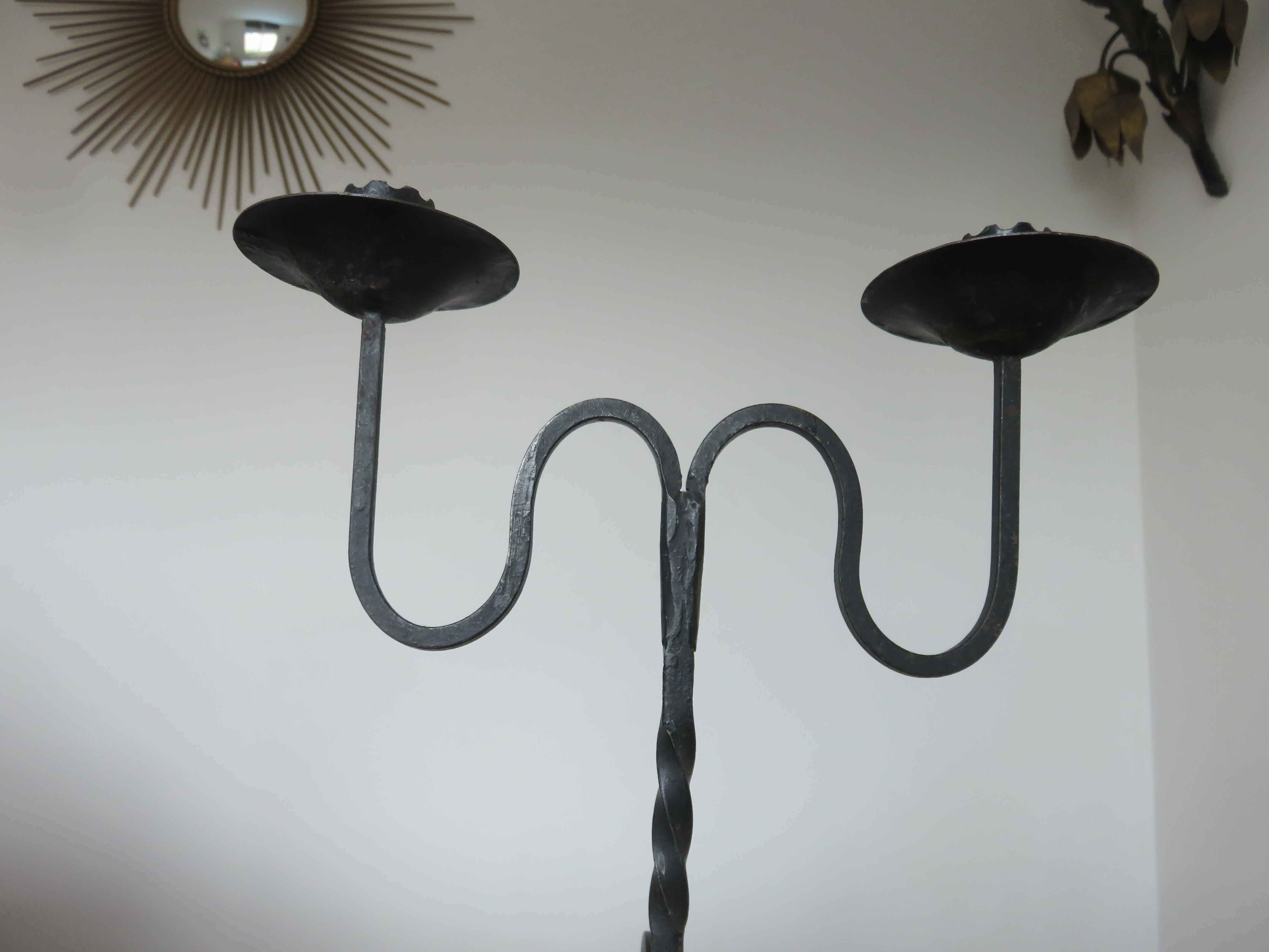 Pair of black wrought iron brutalist candlesticks 50s 60s