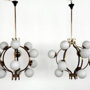 Stilnovo Italian Midcentury Chandelier, Brass & Opaline Glass, 1950s