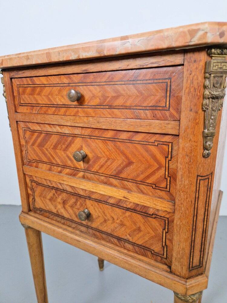 Vintage French Bedside Table with Marble Top and Brass Ornaments, 1920s