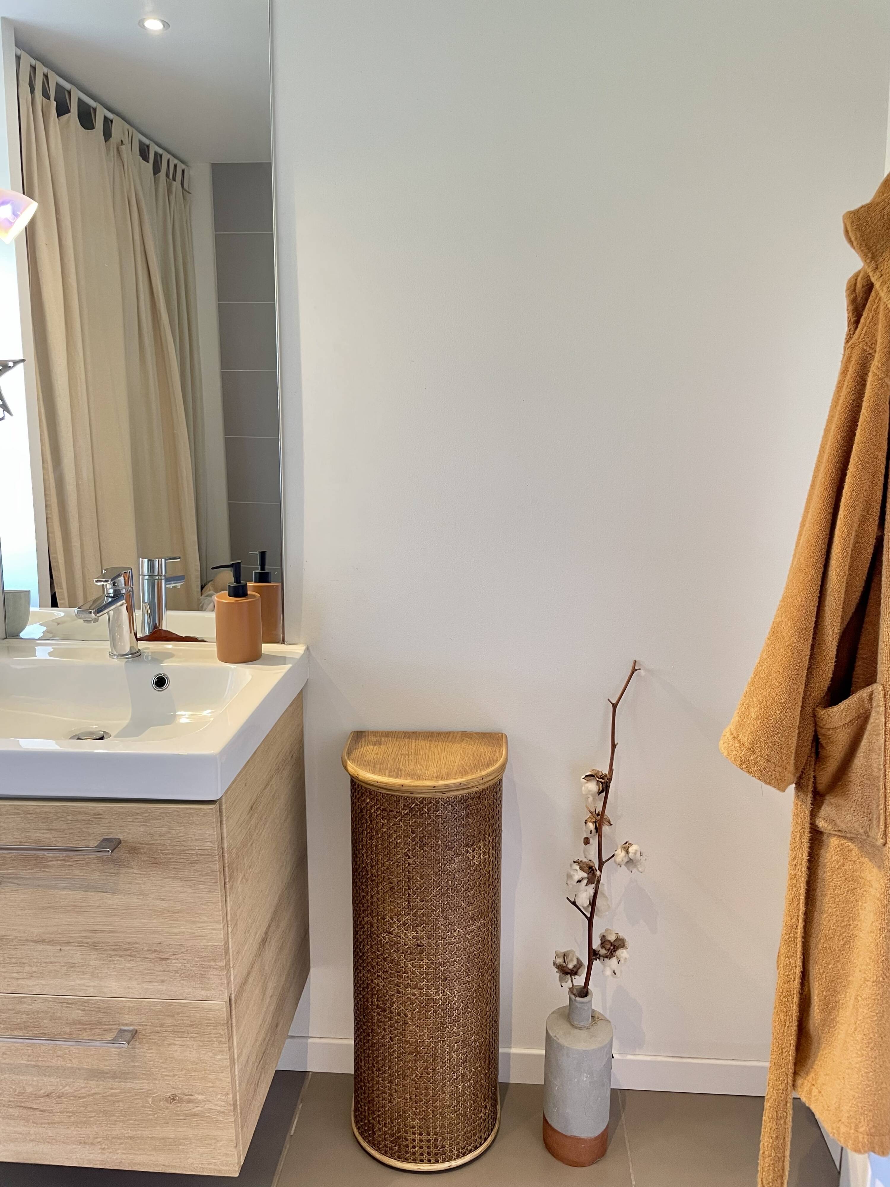 Wooden and cane storage basket with lid