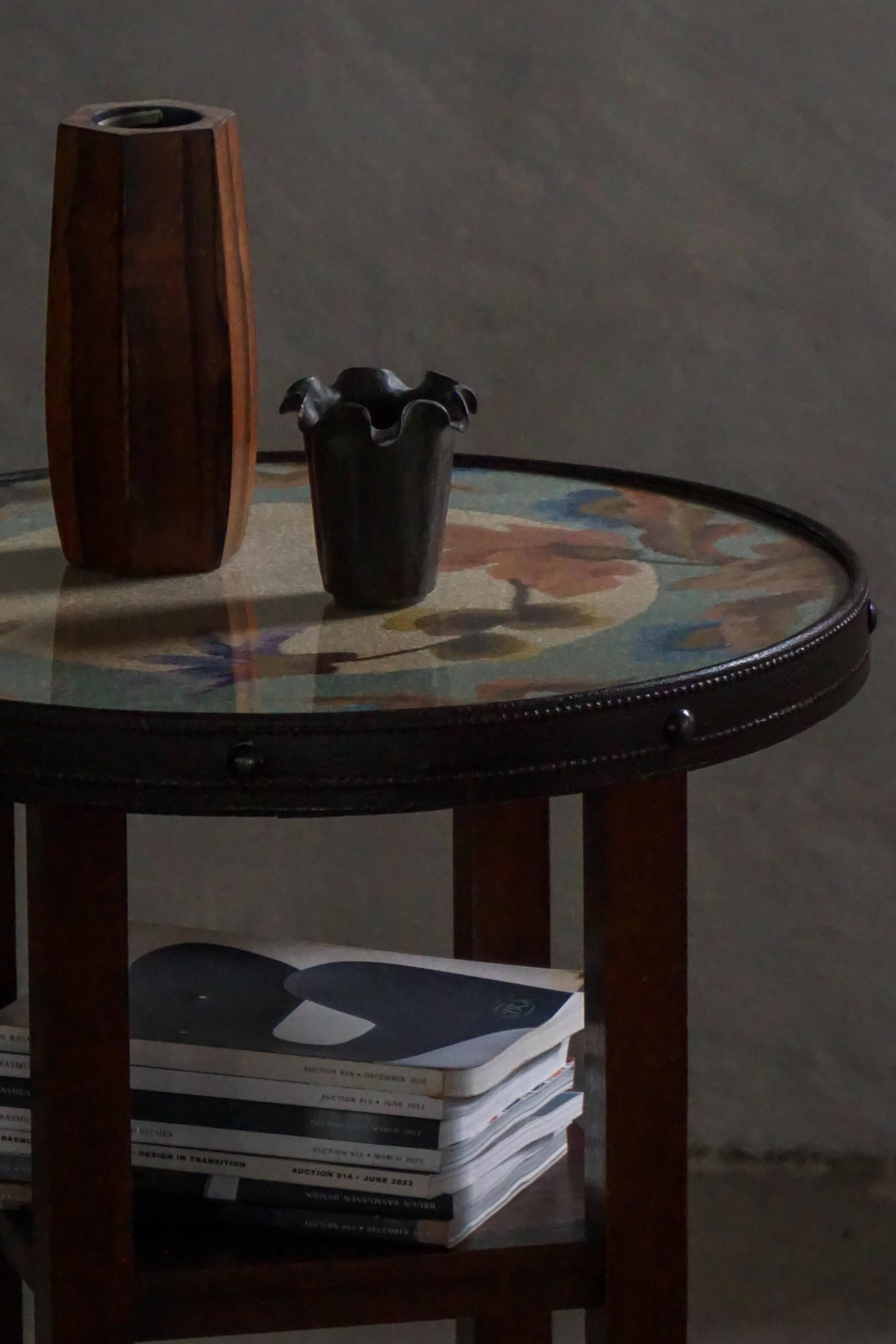 Art Nouveau, round side table with floral glass top, Danish cabinetmaker, 1920s