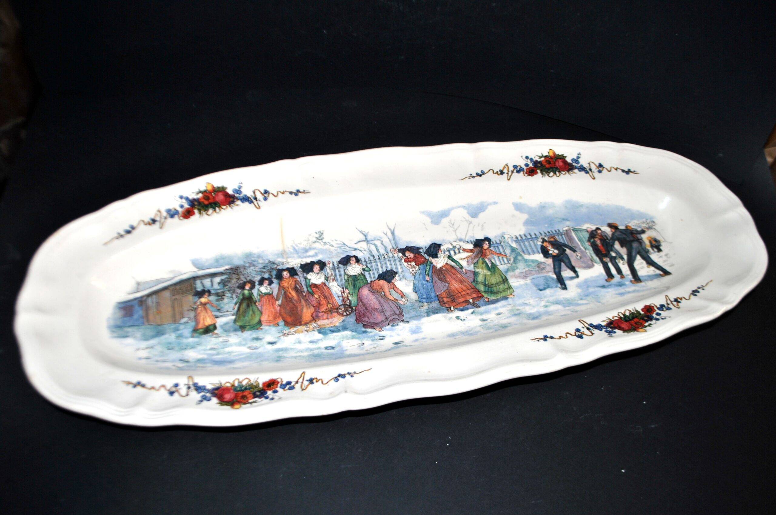 Sarreguemines large oval dish Obernai the snowball fight H. Loux