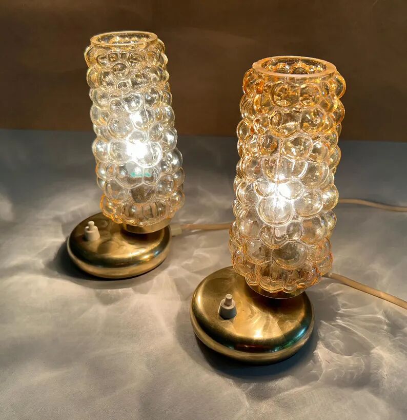 Pair Vintage  Lamps, Bedside, Bubble Glass