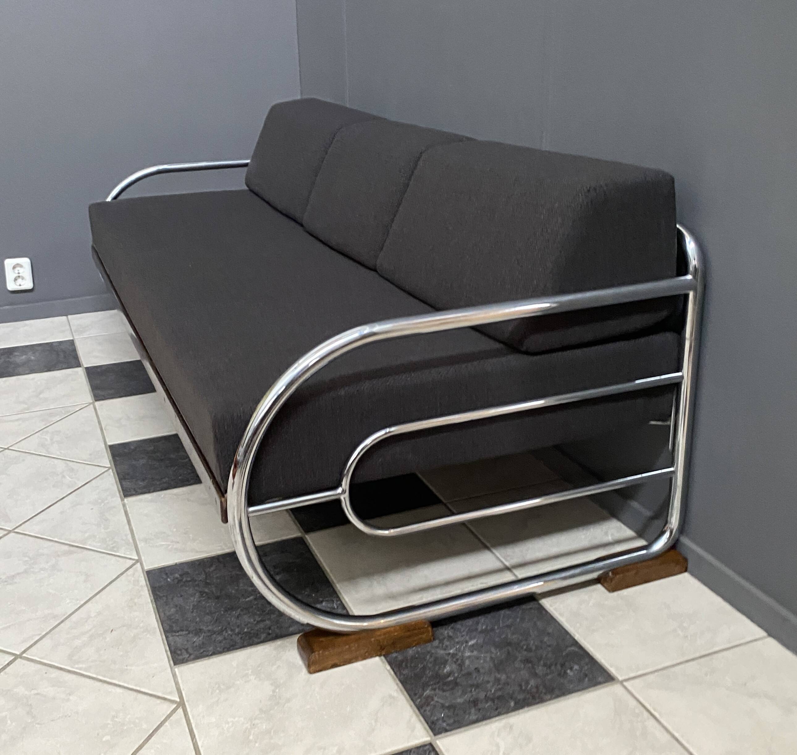 Méridienne / canapé Bauhaus chromé et noir par Hynek Gottwald