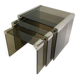 Gallotti & Radice ‘Tris’ T35 Smoked Glass Nest Side Tables Chrome