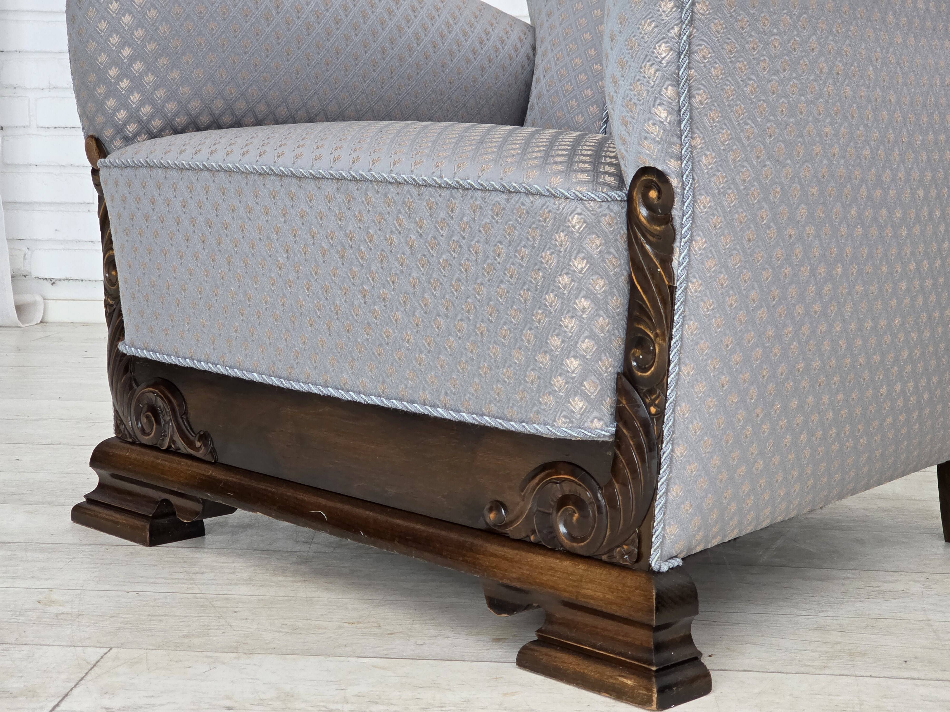 1950s, Danish armchair, furniture fabric, carved oak wood.