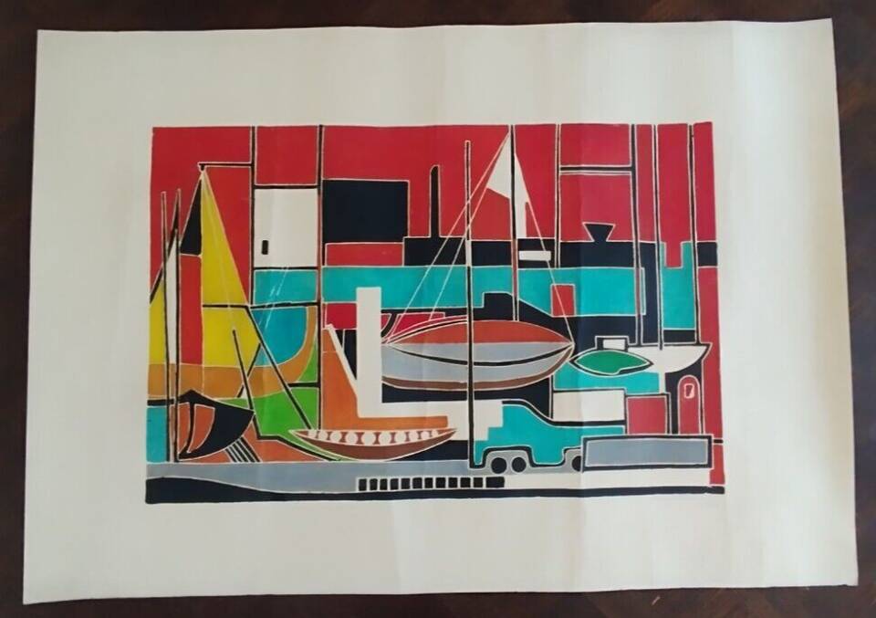 Gouache on paper signed mid-20th century boats port 1959