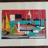 Gouache on paper signed mid-20th century boats port 1959