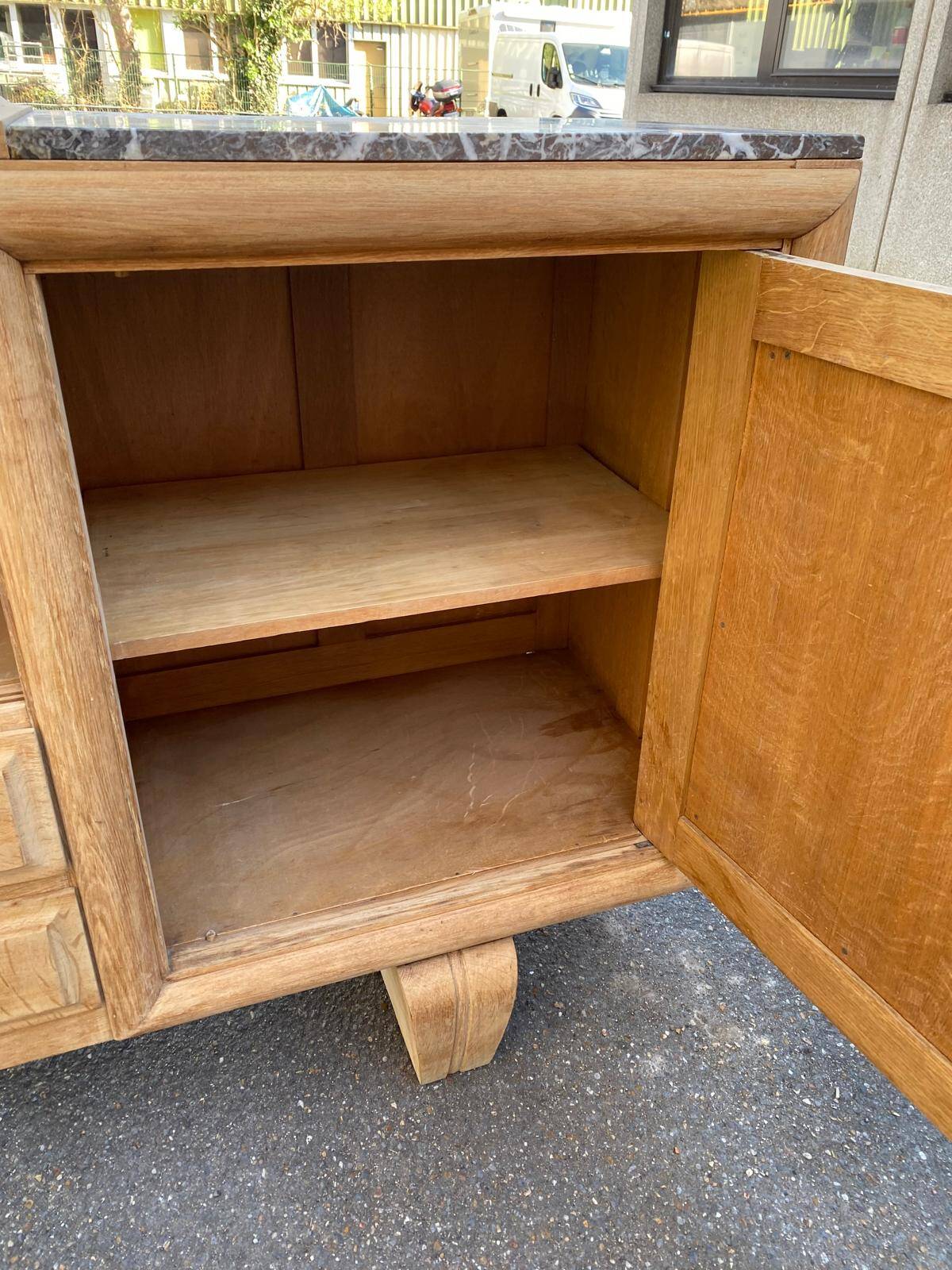 Renovated art deco sideboard in raw solid oak and gray marble 200cm