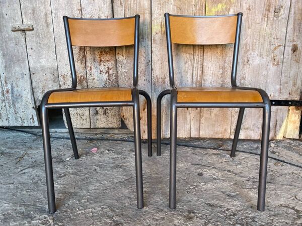 Paire chaises ancienne style mullca modèle 510 metal gris + bois vintag