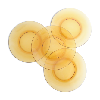 Set of 4 flat plates Vereco, amber glass, vintage French