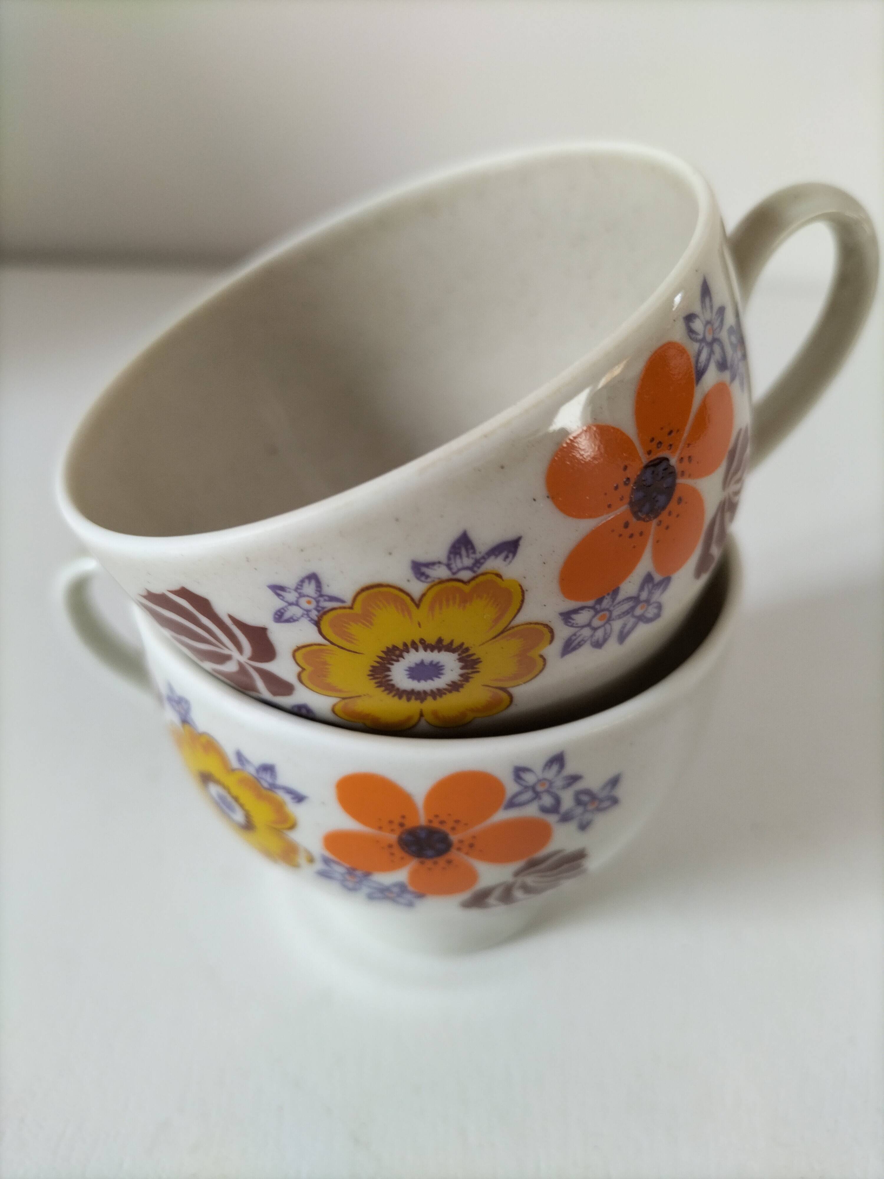 Vintage Winterling espresso cup duo, 70s floral design.