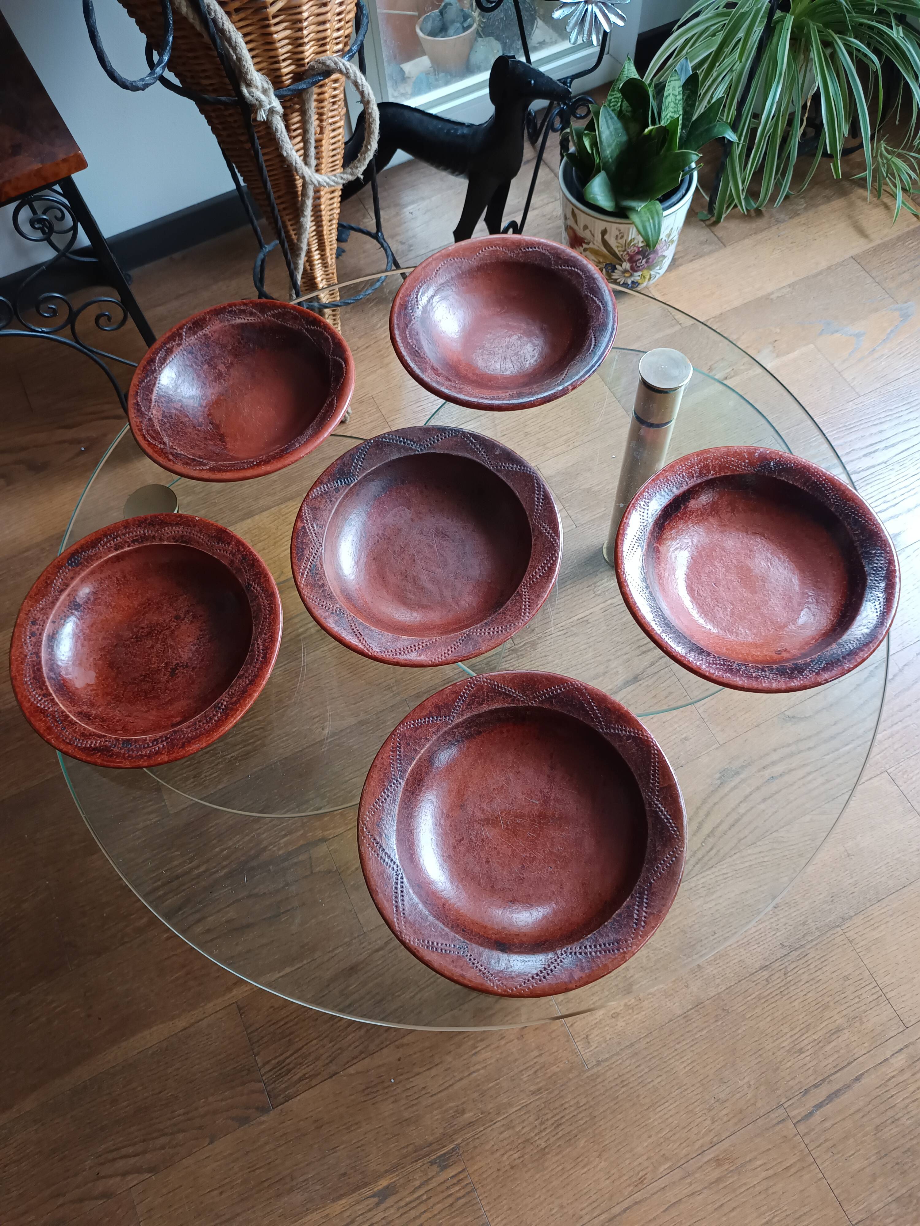 6 antique hand-turned glazed terracotta plates
