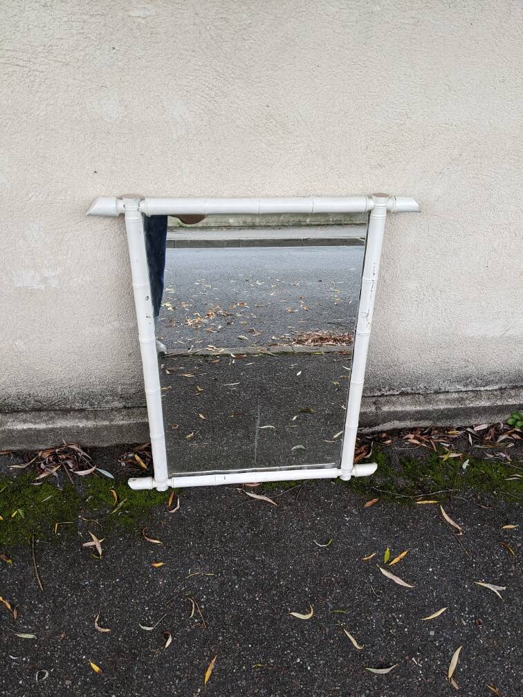 Large wooden mirror with bamboo effect painted in white, bohemian country decor