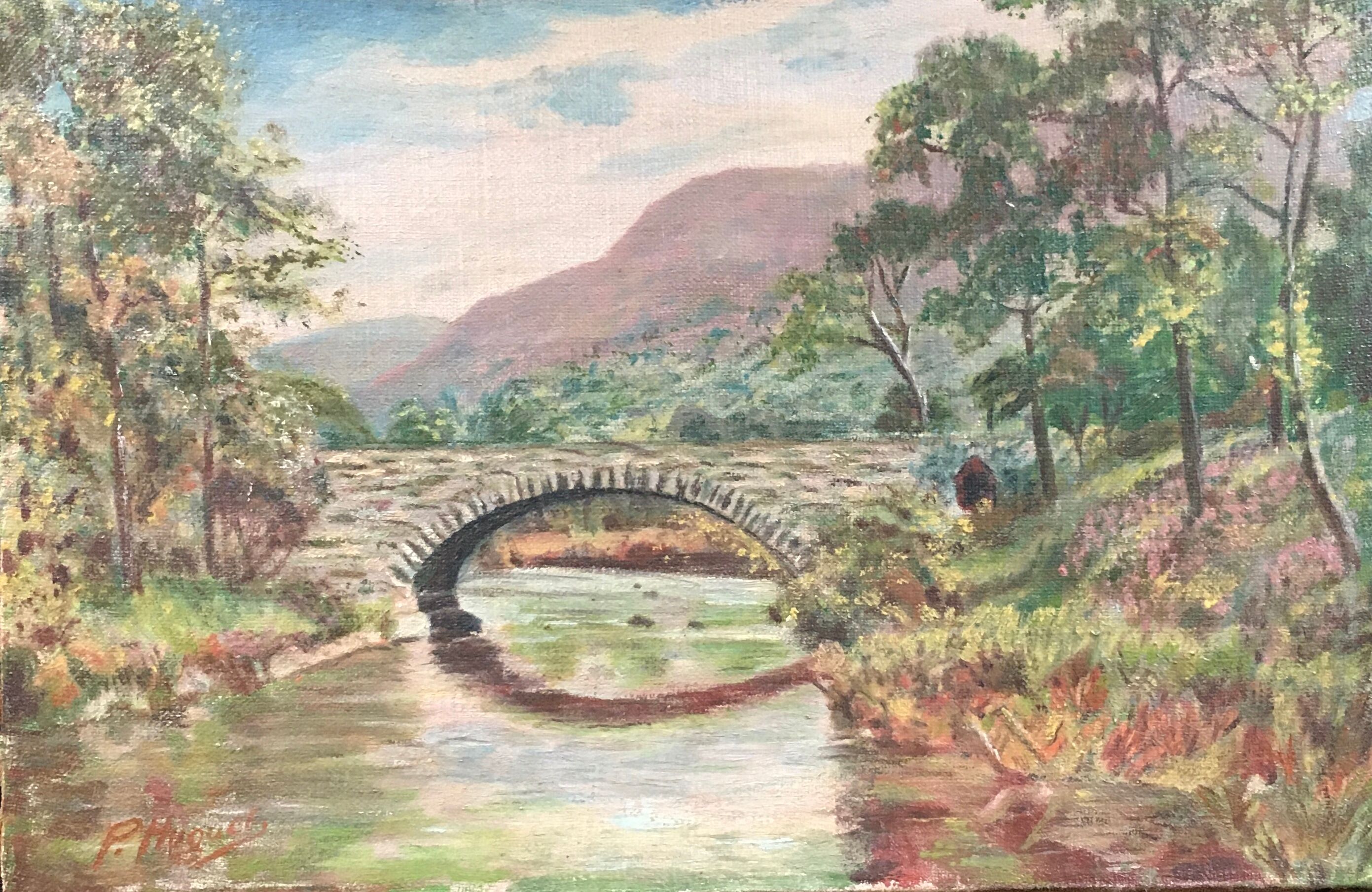 Old painting of the bridge over the river