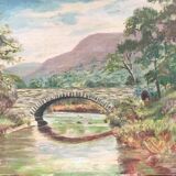 Old painting the bridge over the river