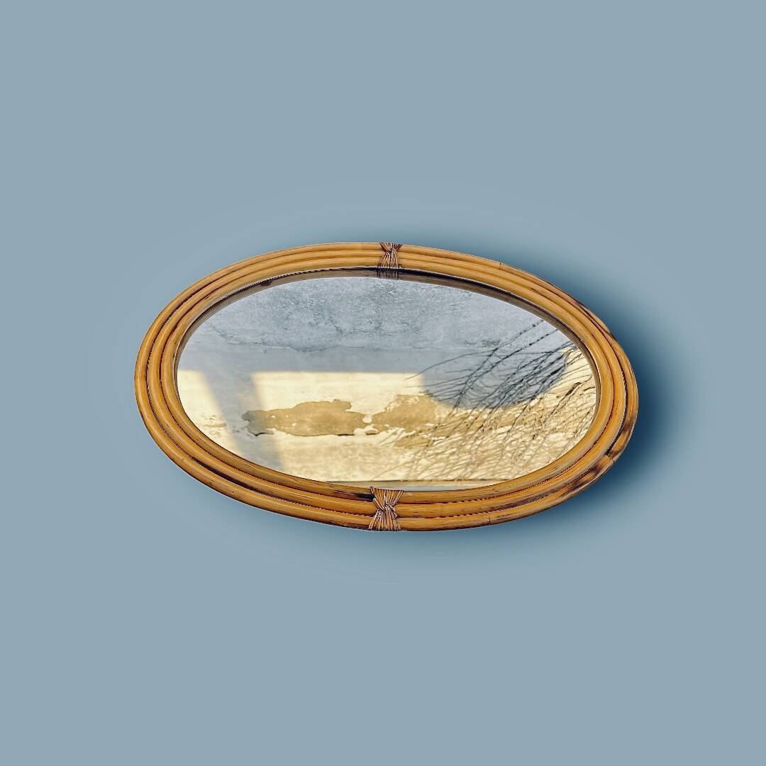 Large oval wall mirror in bamboo – bohemian chic style – 1960s–1970s