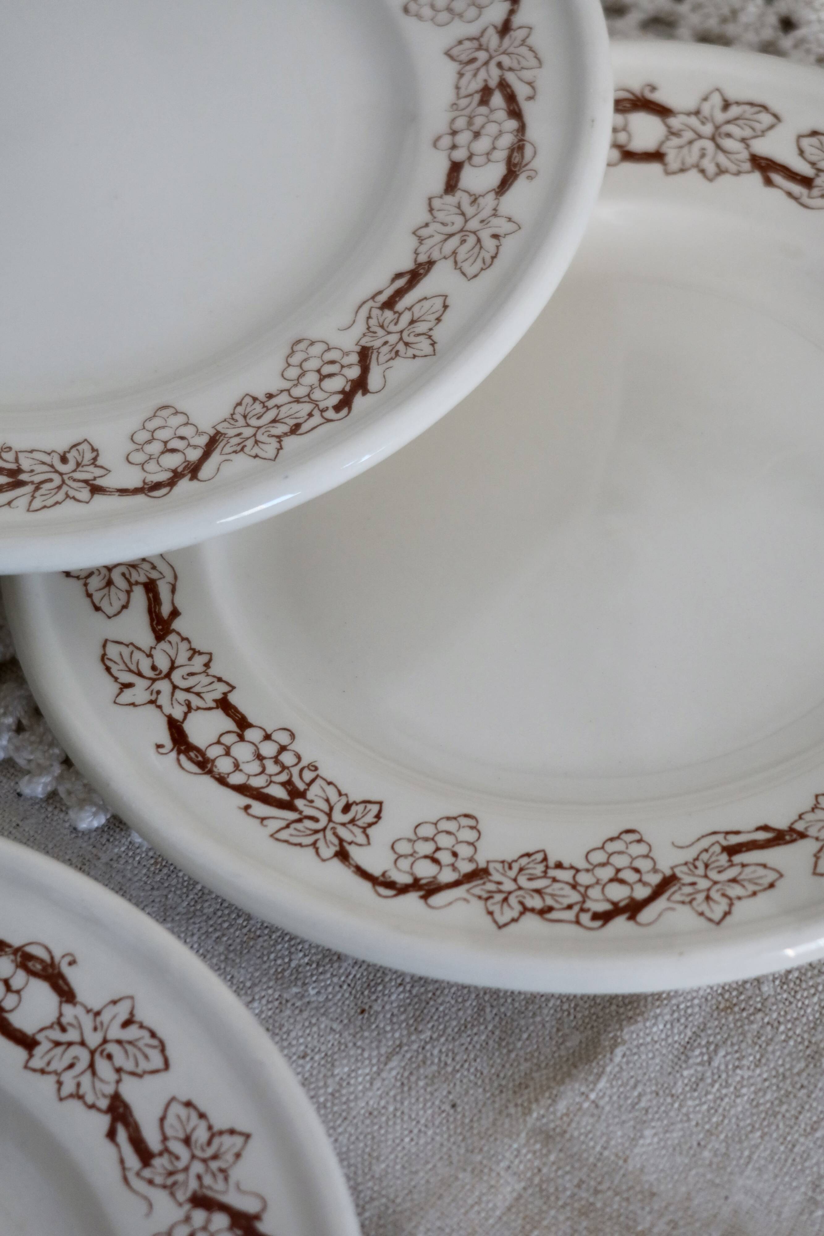6 vintage porcelain dessert plates with brown ivy border