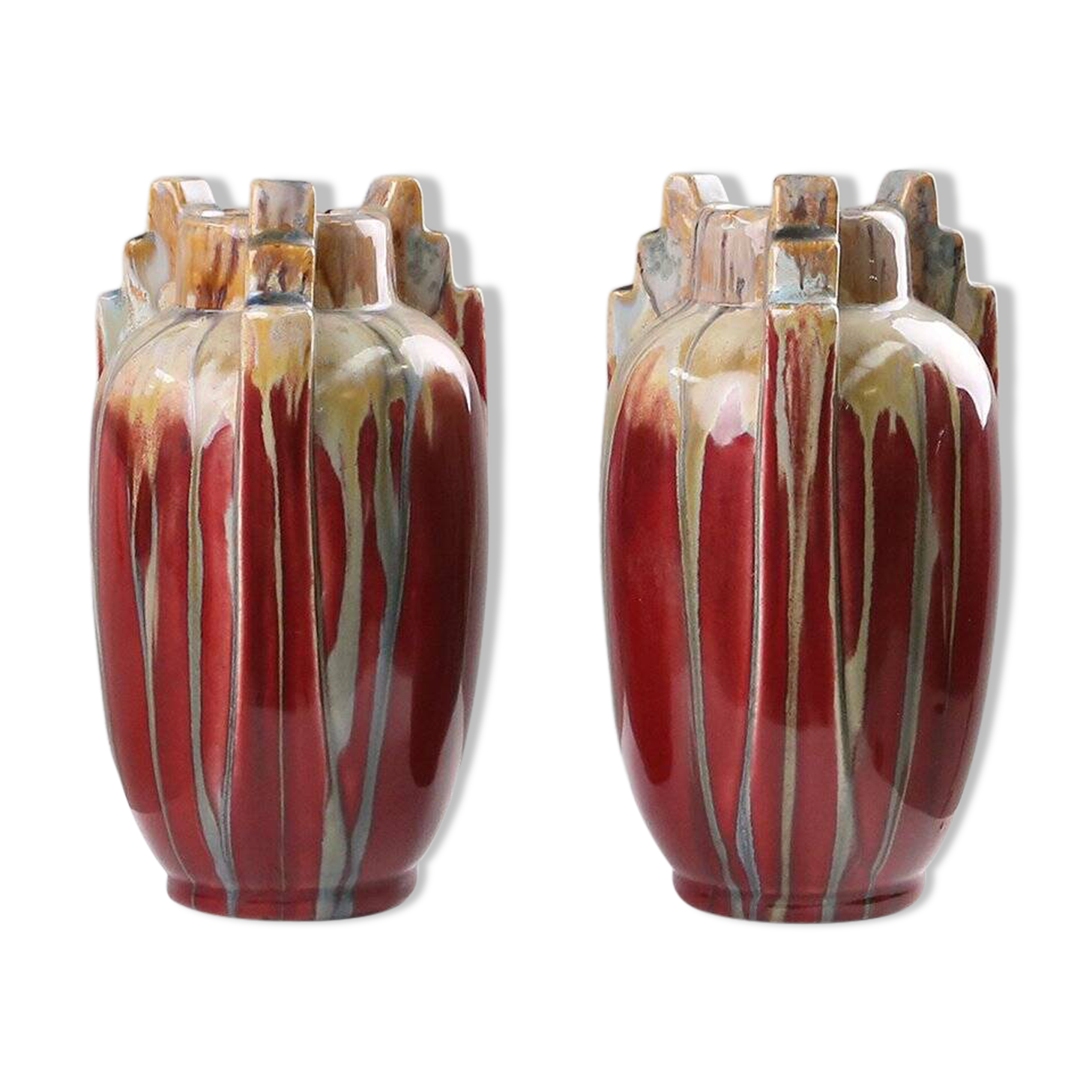 Pair of Sculptural Art Deco Glazed Ceramic Vases, Belgium 1930s