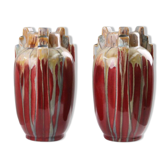 Pair of Sculptural Art Deco Glazed Ceramic Vases, Belgium 1930s