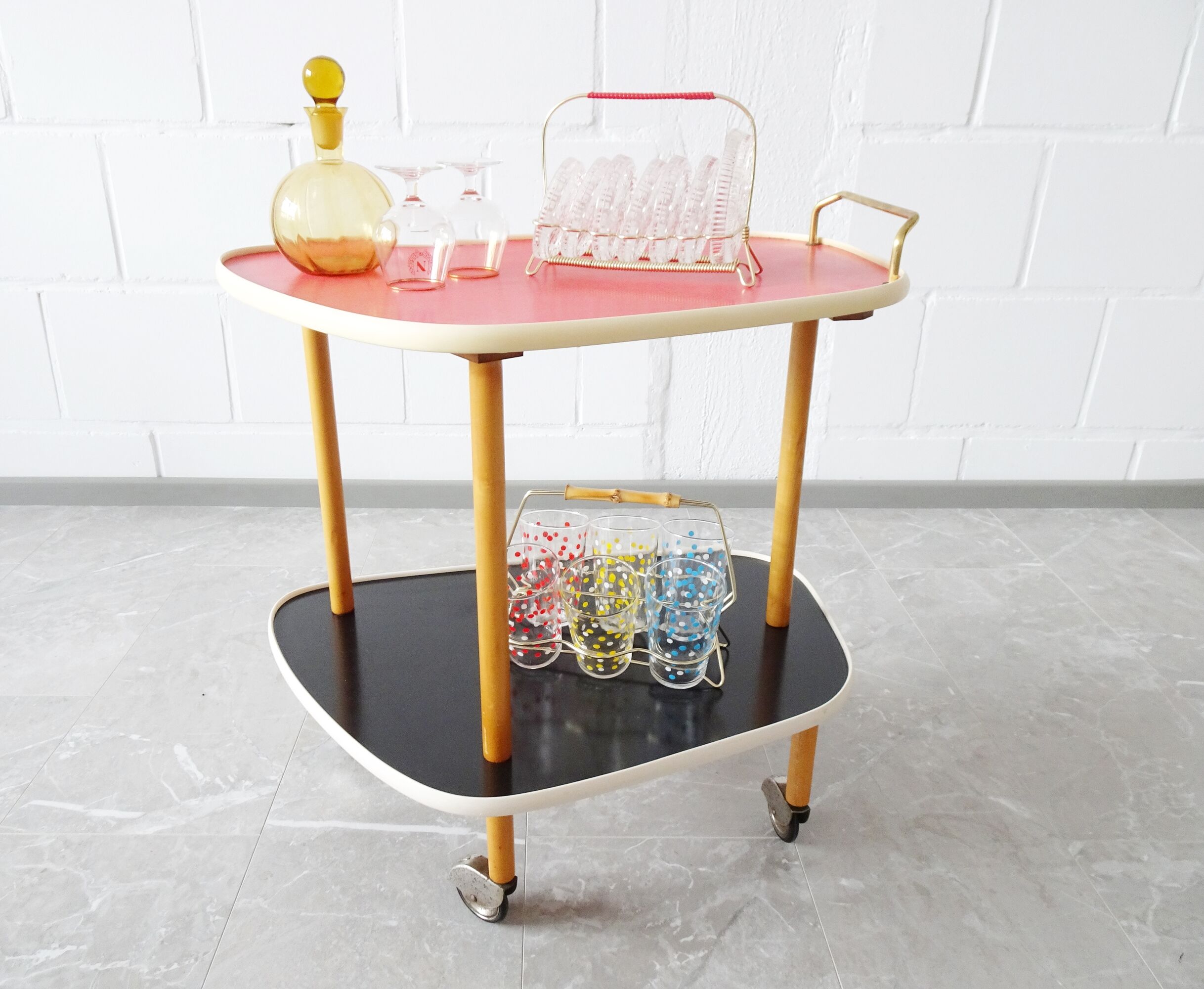 Glass coasters in stand, eight piece bar set, mid century bar accessories
