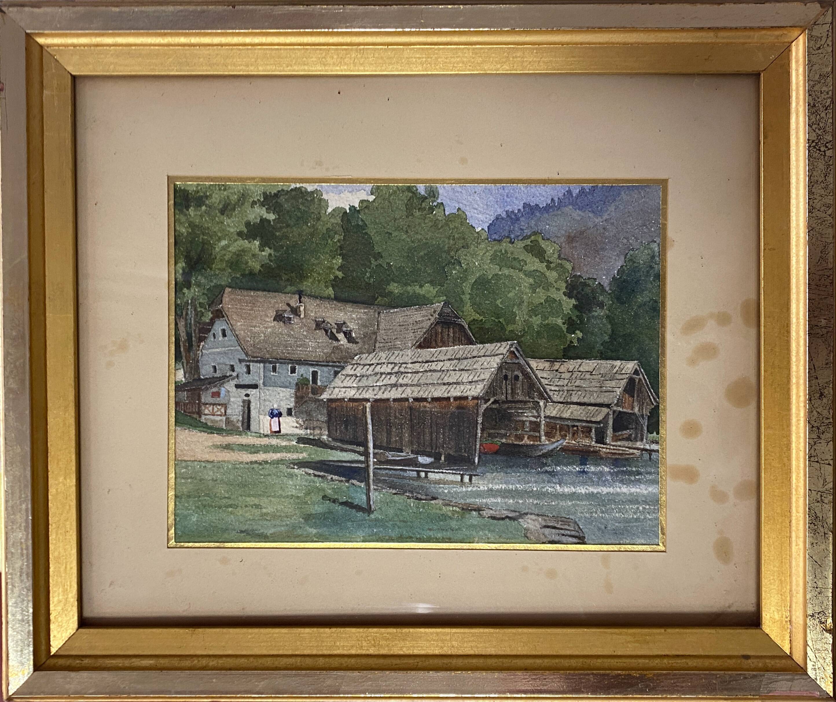 Watercolor paintings Austria Furberg and Unterach and frame circa 1950