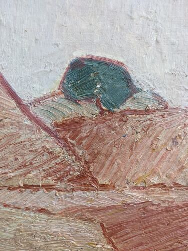 Peinture à l’huile de paysage abstrait vintage suédoise « Carrière rouge » moderne du milieu du siècle, encadrée