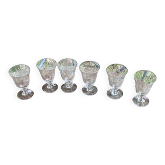 6 clear glass wine glasses with antique chiseled flower pattern