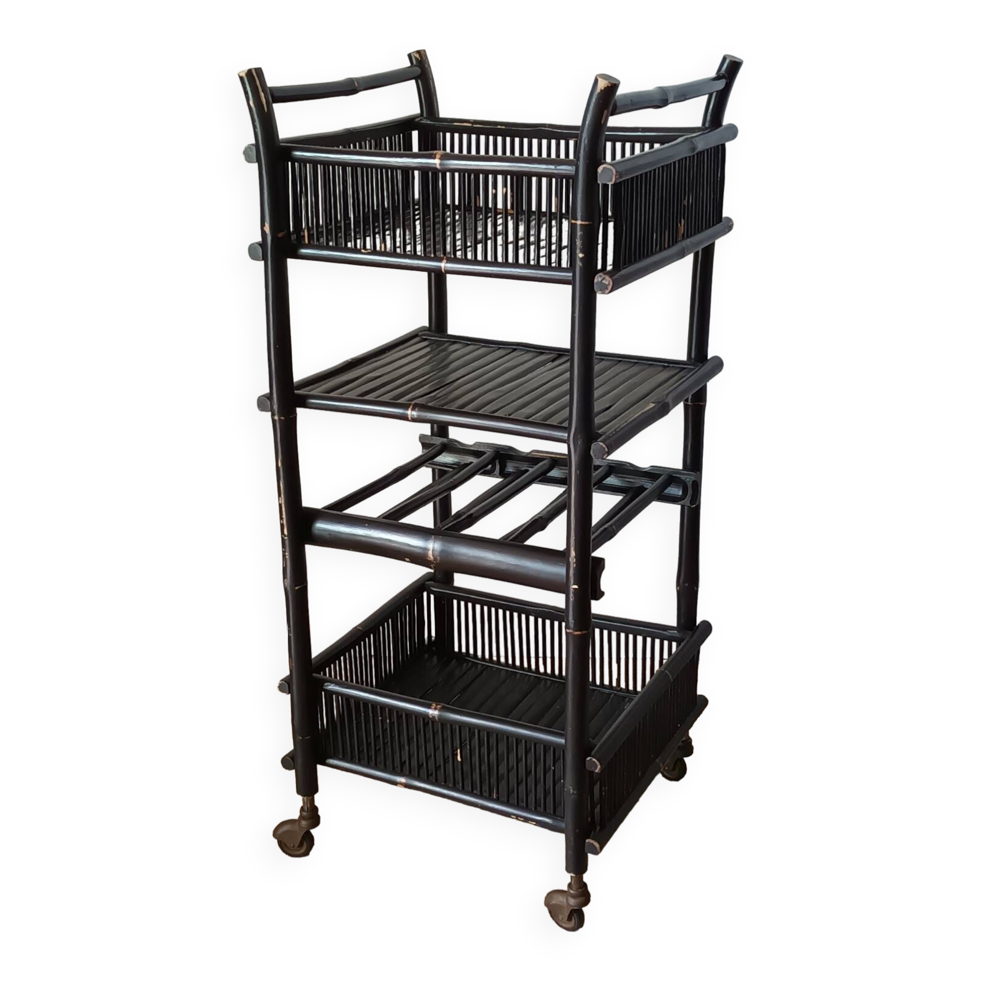 Vintage 50's black lacquered bamboo trolley