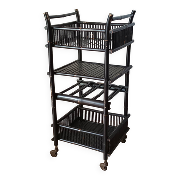 Vintage 50's black lacquered bamboo trolley