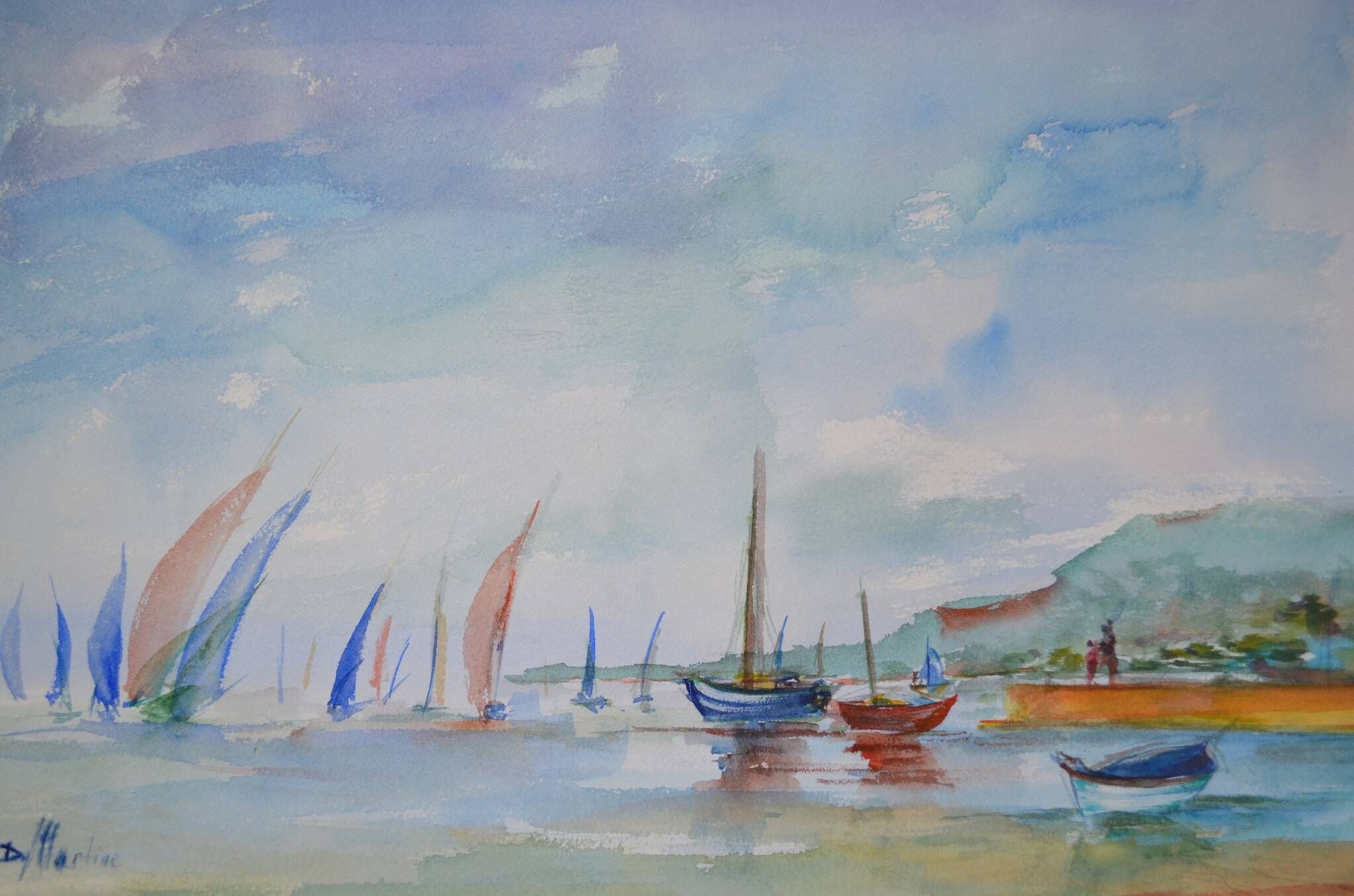 French school 20th century d martine: sailboats on the sea, watercolor