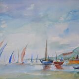 Ecole française xxème siècle d martine : voiliers sur la mer aquarelle