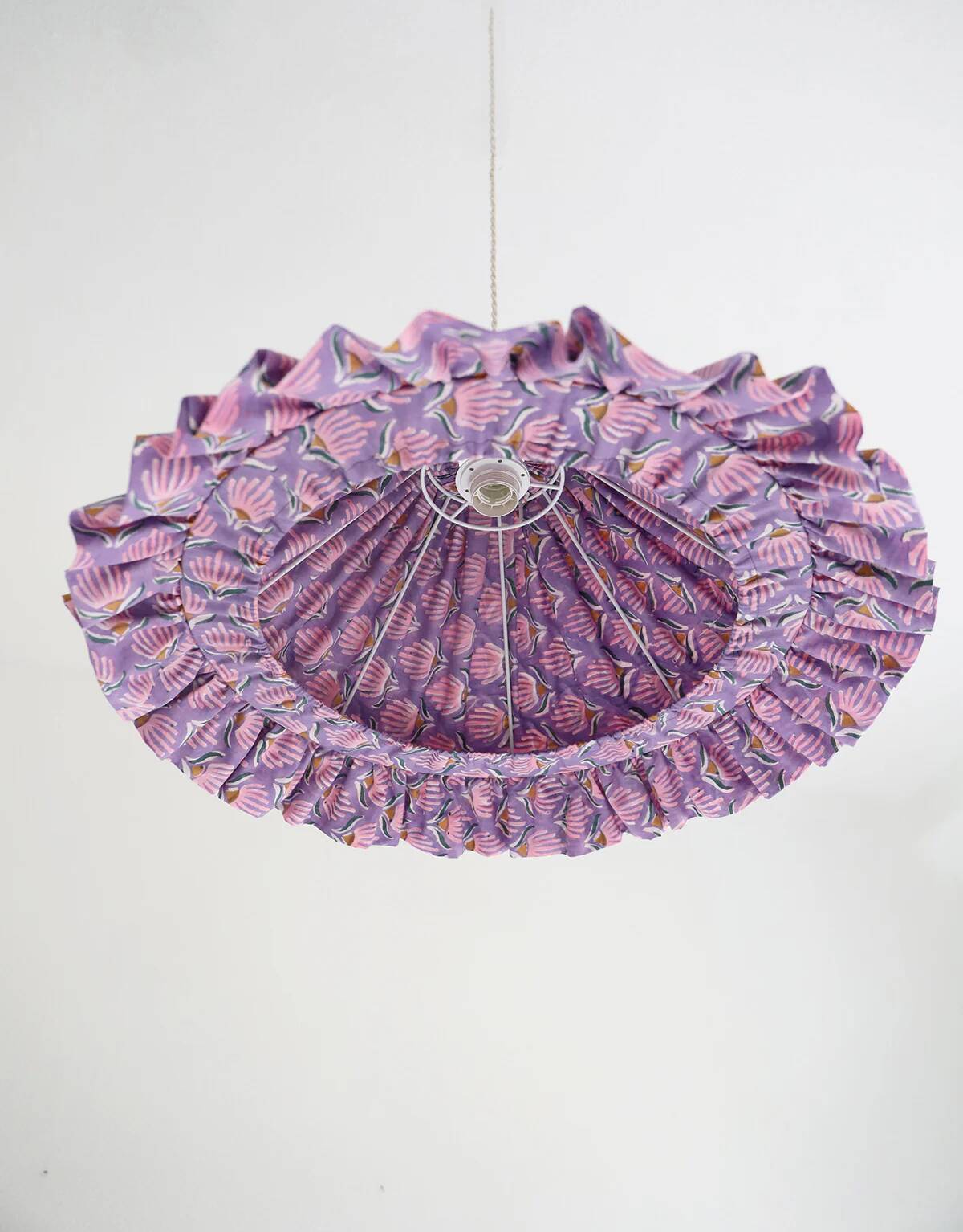 Emilia "purple shell flowers" conical textile suspension with flounce