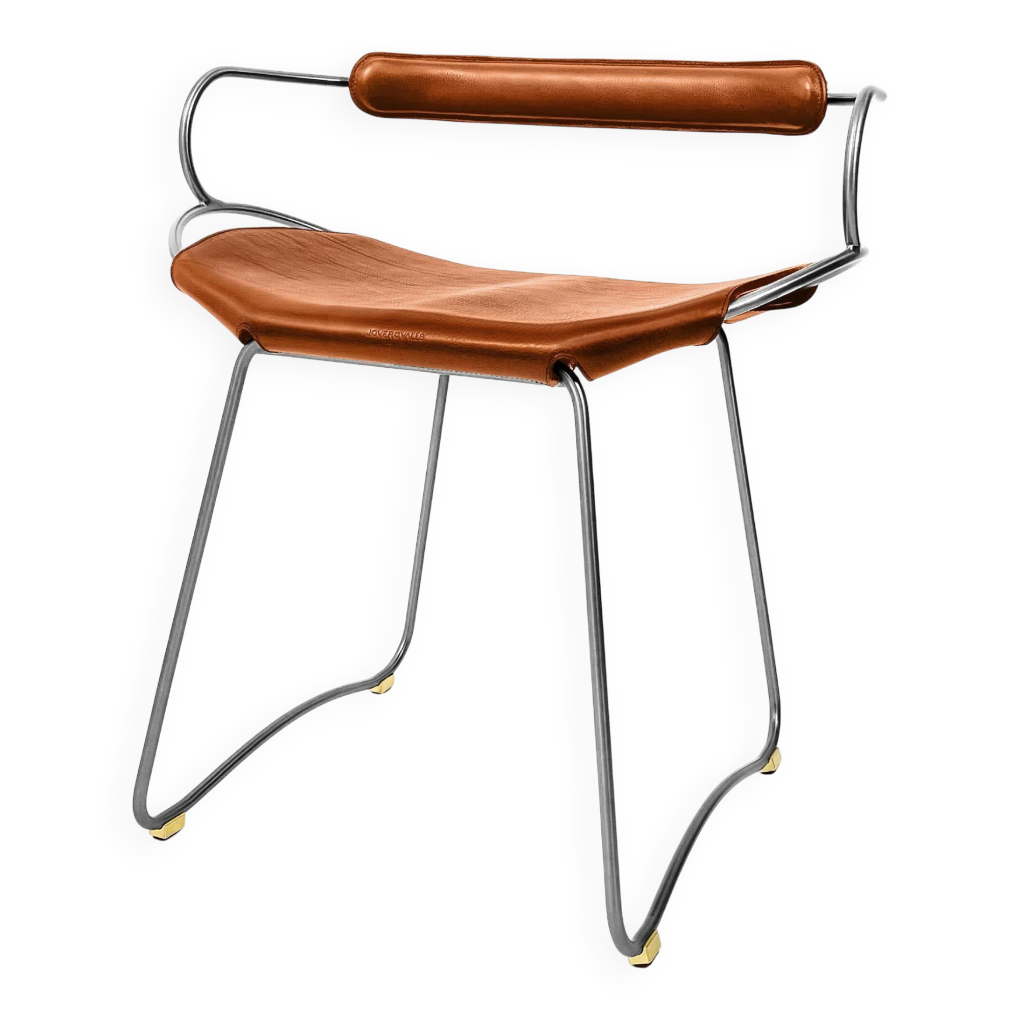 Table height stool with a backrest in aged silver metal and natural tan leather.