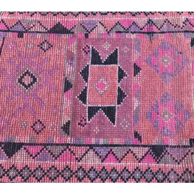 Vintage Pink Geometric Turkish Hand-Knotted Runner 80x337