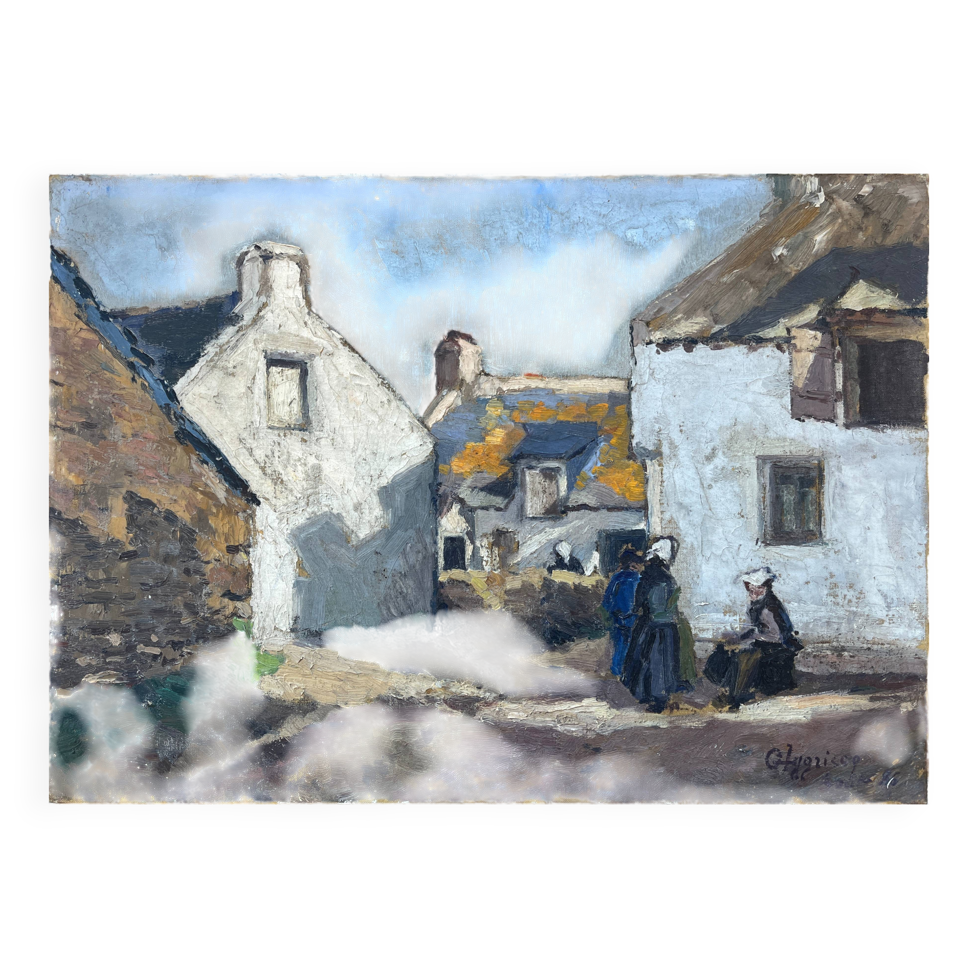 Old HST painting "Cadouarne near Séné" Brittany Morbihan signed éc Pont