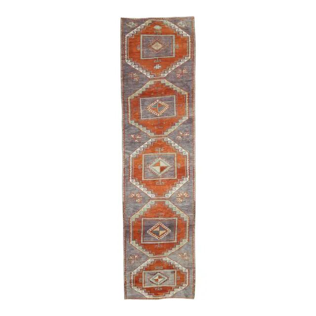 1970s Vintage Turkish Oushak Diamond Wool Runner 90x351