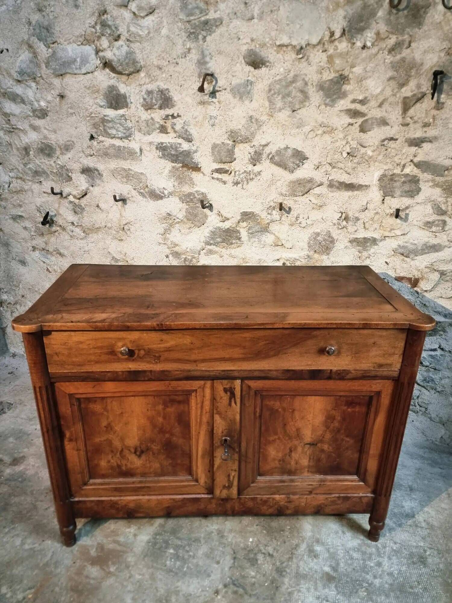 Antique French Walnut Sideboard - 19th Century Buffet with Drawer and Double Doors - Rustic Farmhouse Storage