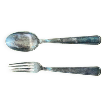 Ancien Couvert Fourchette & Cuillère Metal Argenté + Boite Parure Vintage #B337