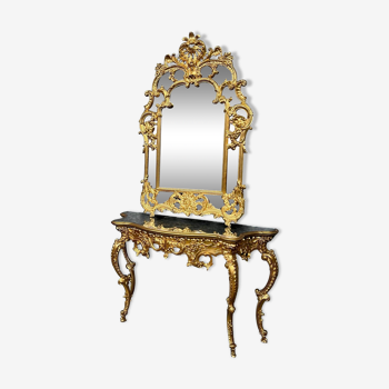 Mirror set with baroque style gilded wood console on marble top.