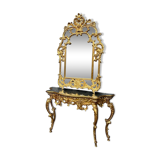 Mirror set with baroque style gilded wood console on marble top.