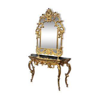 Mirror set with baroque style gilded wood console on marble top.