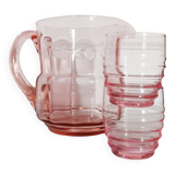 Pitcher and 2 glasses in pink glass