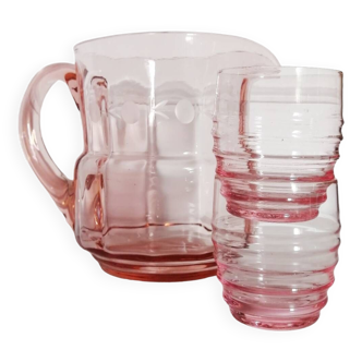 Pichet et 2 verres en verre rose