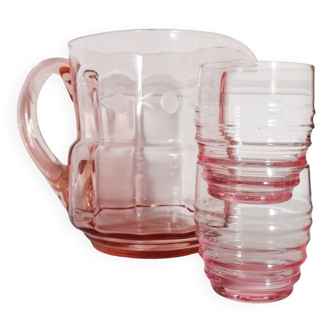 Pitcher and 2 glasses in pink glass