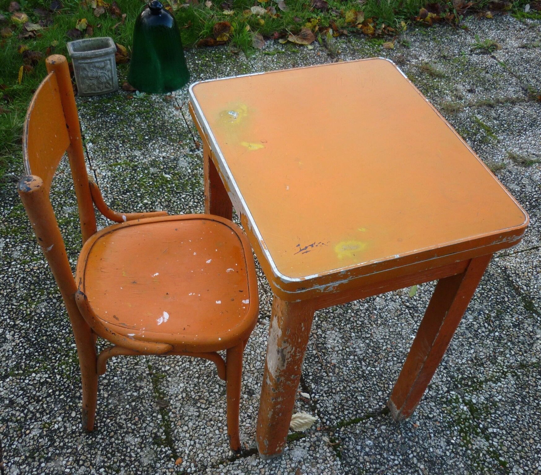 Table with extensions in wood and aluminum, ROC + 1 chair from the 50s