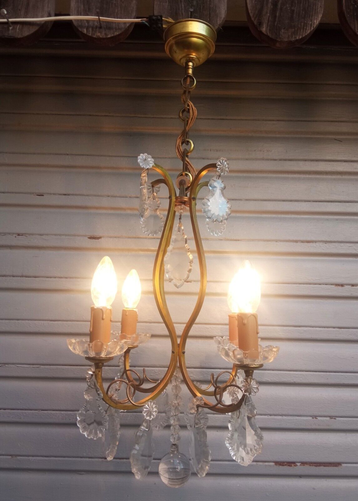 Old 4-light cage chandelier with crystal pendants