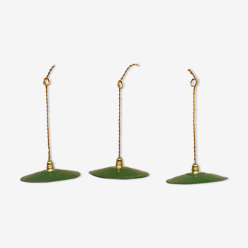 Trio suspension tôle émaillée vintage verte et blanche fils doré douille laiton