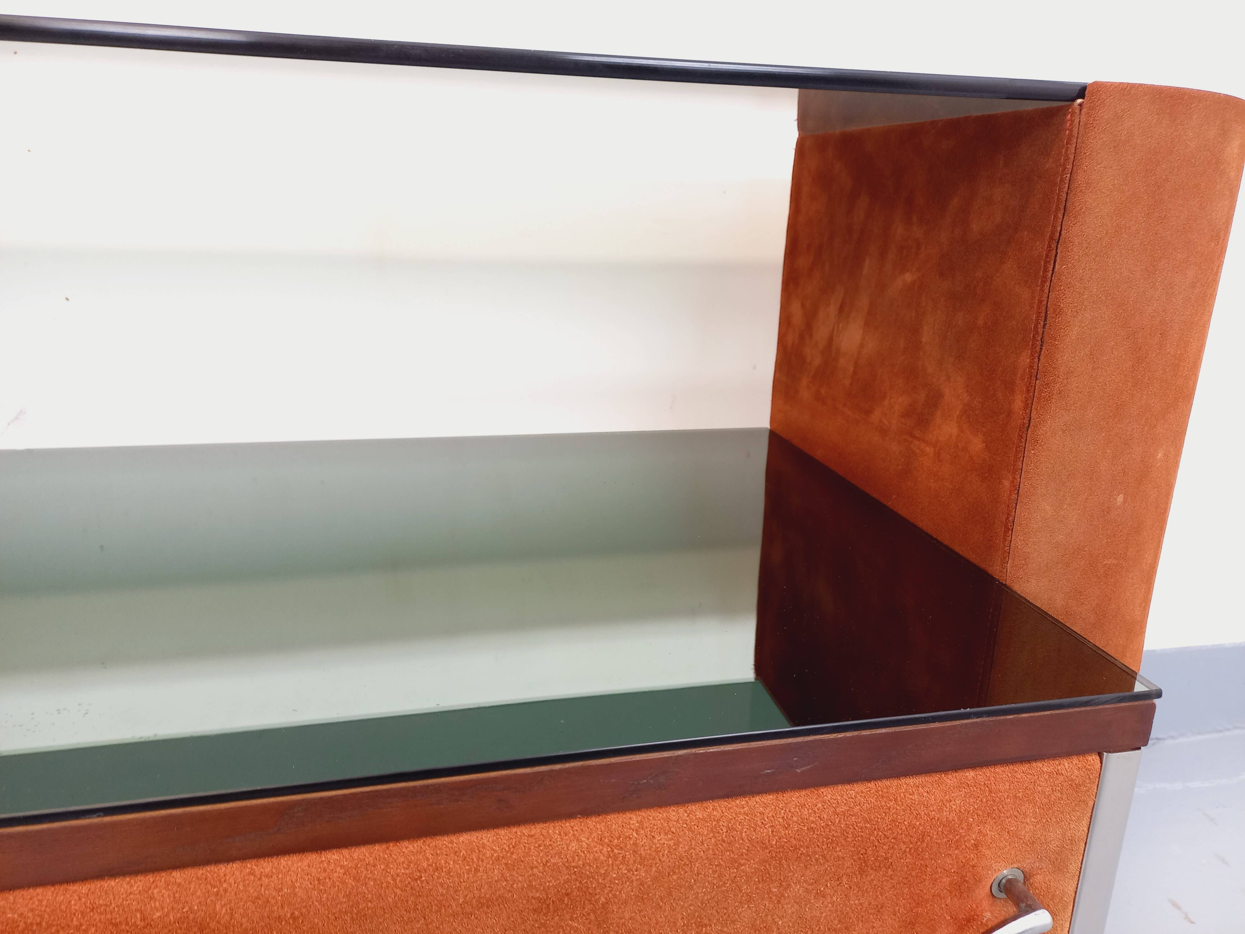 Vintage Italian hairdresser design in suede velvet, chrome, smoked glass and